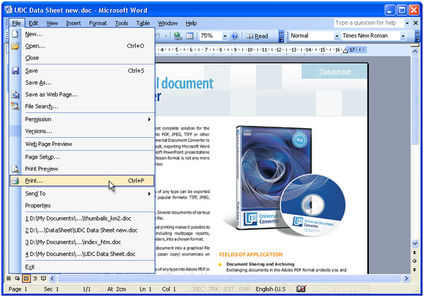 Open the document in Microsoft Word and press "File->Print..." in application main menu.